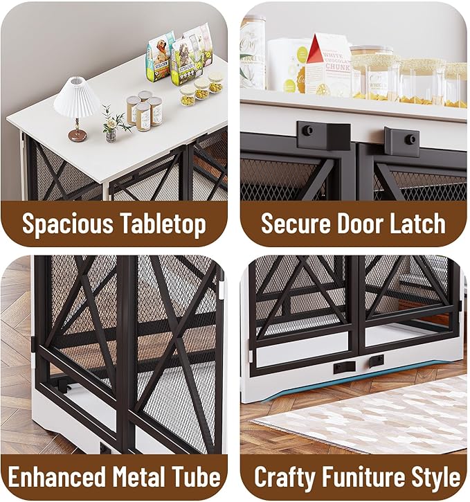 COZPAW Large Dog Crate Furniture - 48 inch Heavy Duty Dog Kennel Indoor for XLarge Breed with Double Doors, Wooden Dog Cage XL Modern Decorative End Table Pet House (White)