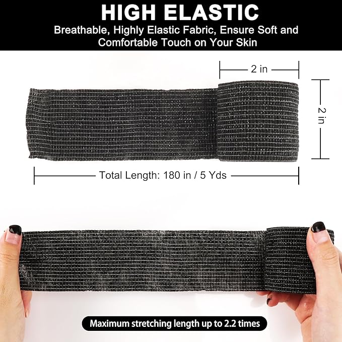24 Pack Self Adhesive Bandage Wrap, 2” x 5 Yards Elastic Cohesive Bandage Wrap Black Athletic Tape Grip Tape for Ankle, Wrist Sprains, Sports Injuries & Pet First Aid | Medical Sports Tape