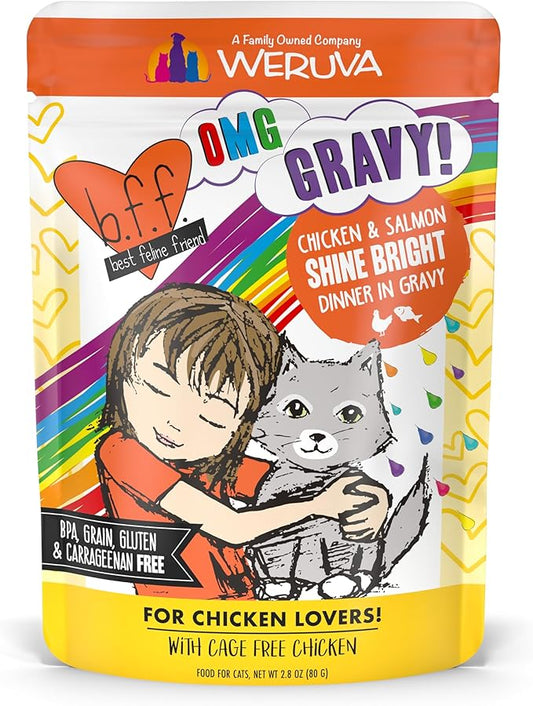 Weruva B.F.F. OMG - Best Feline Friend Oh My Gravy!, Chicken & Salmon Shine Bright with Chicken & Salmon in Gravy, 2.8oz Pouch (Pack of 12)