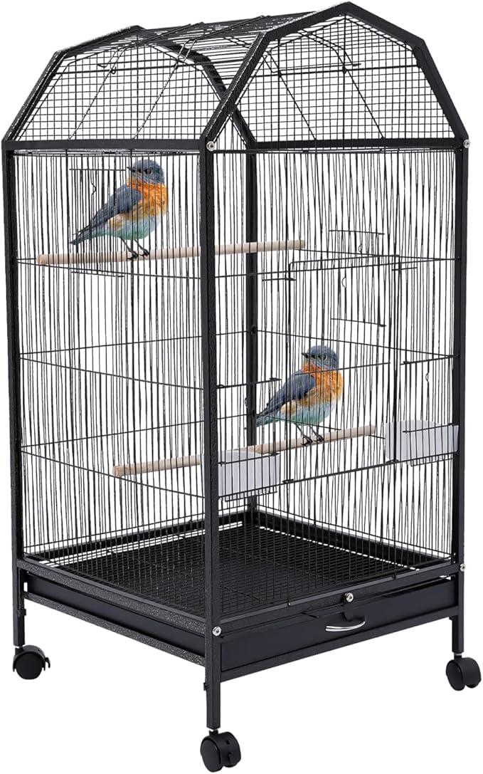 40-Inch Wrought Iron Bird Cage with Open-Top and Rolling Stand, Movable Parrot Cage Pet Bird Flight Cage, 360 Degree View Spacious Interactive Roof Pet Bird House for Medium&Small Birds