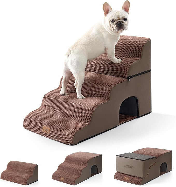 Wide Dog Stairs with Tunnel, Foam Detachable Large Dog Step for Small Pet, Puppy or Cats, Medium Pet Ramp for High Bed, Couch, Sofa or Car, 19.7x33x22.4 inch, 5 Step, Brown