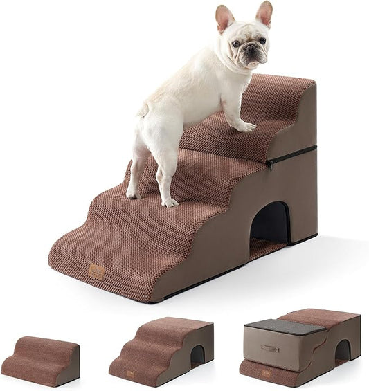 Wide Dog Stairs with Tunnel, Foam Detachable Large Dog Step for Small Pet, Puppy or Cats, Medium Pet Ramp for High Bed, Couch, Sofa or Car, 19.7x33x22.4 inch, 5 Step, Brown
