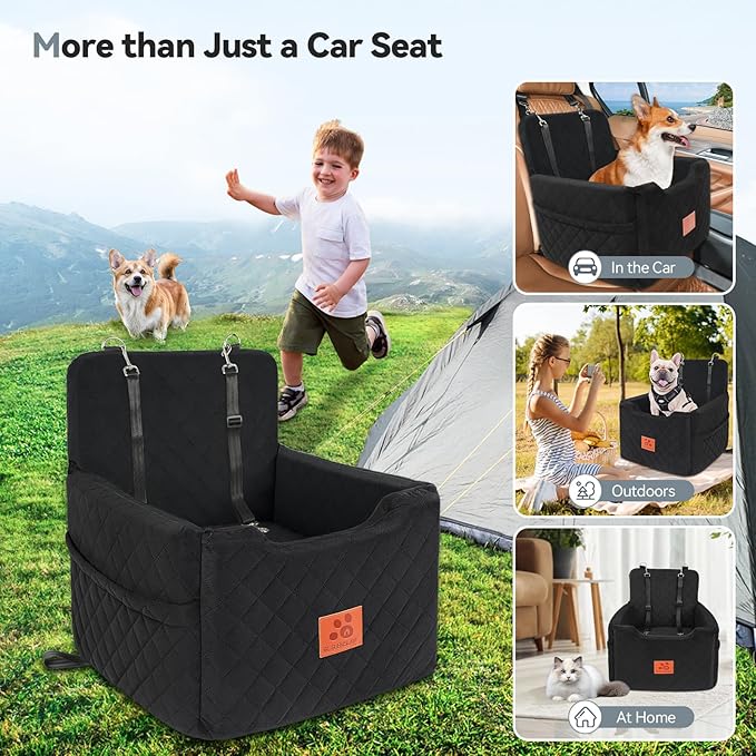 Dog Car Seat for Small/Medium Dogs Under 35lbs,Memory Foam Dog Booster Seats,Detachable and Washable Traval Pet Car Seat,Dogs Bed with 2 Safety Belts(Balck)