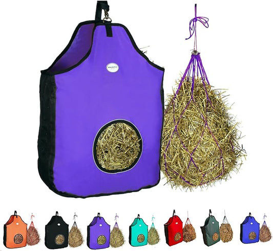 Majestic Ally 1200 D Hay Feeder Tote Bag for Horses, Sheep with Reflective Trim- Reduces Waste - Comes with 36” Hay Net (Purple)