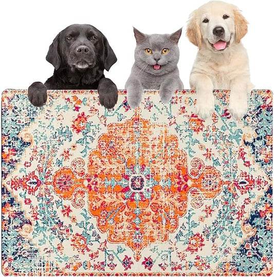 Large Boho Dog Cat Food Mats for Floors, Absorbent Dog Bowl Mat for Food and Water Dispenser Mat, Quick Dry Pet Supplies (Vintage Orange, 36'' x 24'')