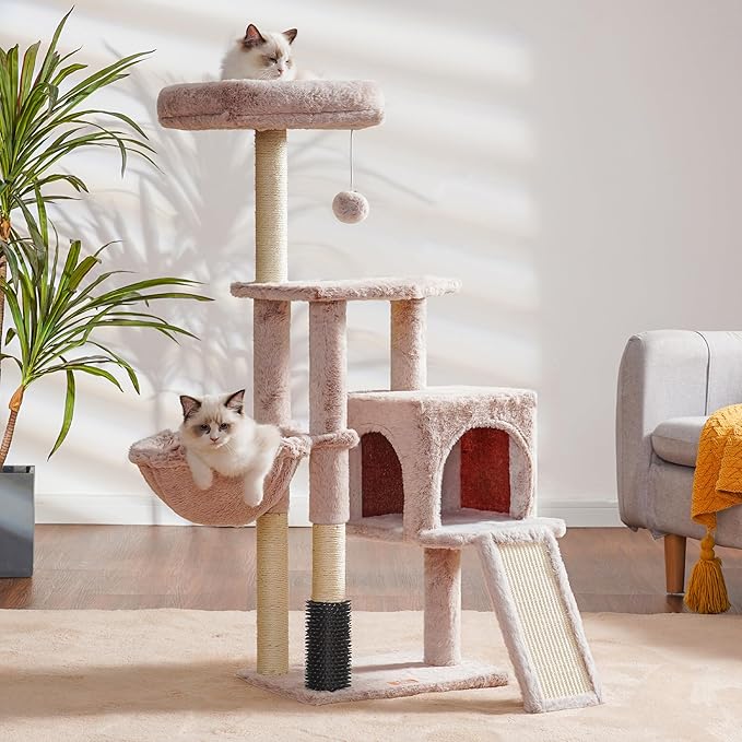 Heybly Cat Tree with Cat Self Groomer Brush, Cat Tower Condo for Indoor Cats with Padded Plush Perch, Cat House with Basket Scratching Board Post, Muchroom HCT005SMU
