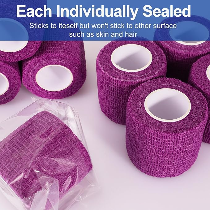 24 Pack 2 Inch x 5 Yards Self Adhesive Bandage Wrap, Elastic Cohesive Wrap 2 inch Vet Wrap Bandage Tape, Purple Grip Tape for Athletic, Sports, First Aid Medical, Wrist, Ankle Sprains