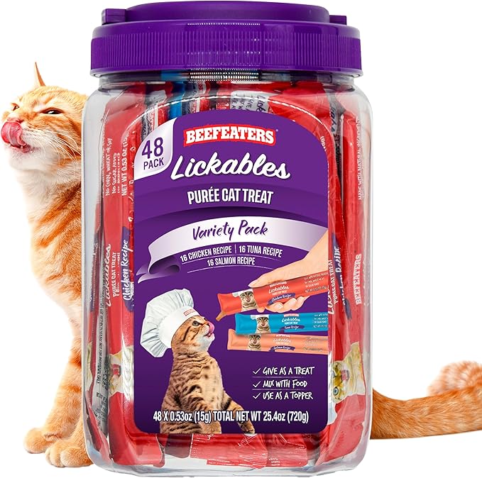 Beefeaters Cat Treats Variety Pack Lickable Puree 48ct – Salmon, Tuna & Chicken, Grain-Free, Taurine-Enriched, Ideal for Training & Interactive Feeding