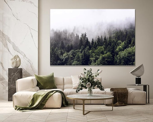 Nature Wall Art Prints - Ocean Forest Mountain Lake Canvas Landscapes - Small to Extra Large Living Room Bedroom Kitchen Bathroom Décor (Foggy Pine Forest, 28L" x 41W")