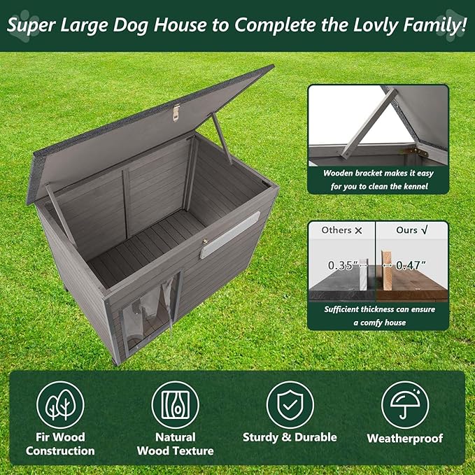 43.3" L Dog House Outdoor for Large Breeds Dogs Anti Chewing Iron Frames Dog Kennel Wooden Pet Houses for Indoor Outdoor with Weatherproof Roof,6 Elevated Feet, Reinforced Bottom Support