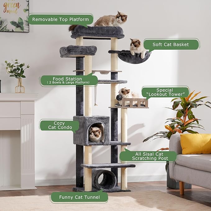 Cat Tree with Tunnel, Cat Tower for Indoor Cats, Tall Cat Tree Tower with Cat Condo, Food Station, Large Platform, Scratching Posts, Hammock, Smoky Gray GCT021G