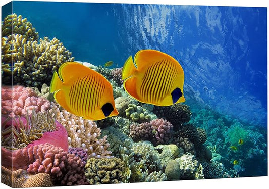 wall26 Canvas Print Wall Art Tropical Yellow Fish with Vibrant Coral Reef Nature Ocean Photography Realism Nautical Scenic Relax/Calm Multicolor Ultra for Living Room, Bedroom, Office - 16"x24"