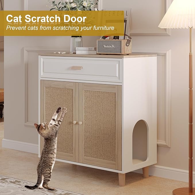 Cat Litter Box Enclosure Furniture Hidden Indoor 2-in-1 Wooden Cat House & Washroom Cabinet with Scratching Board Doors and Drawer, 31.5"x15.7"x34.6"H
