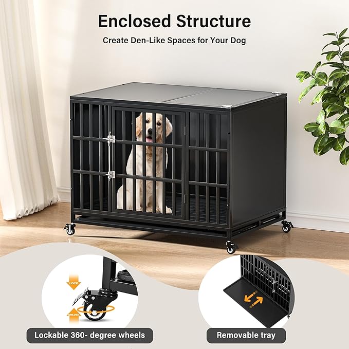 42 inch Heavy Duty Dog Crate with Self-Locking Latch, Indestructible Steel Large Kennel with Enclosed Design, Chew-Proof and Escape-Proof Pet Cage for High Anxiety Dogs
