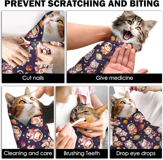 27.6" Cat Grooming Wrap, Self Adhesive Cat Wrap for Cutting Nails, Anti-Escape Calming Cat Swaddle Wrap for Medicine Ear Cleaning, Anti-Scratch Cats Burrito Restraint Blanket, Practical Pet Tool