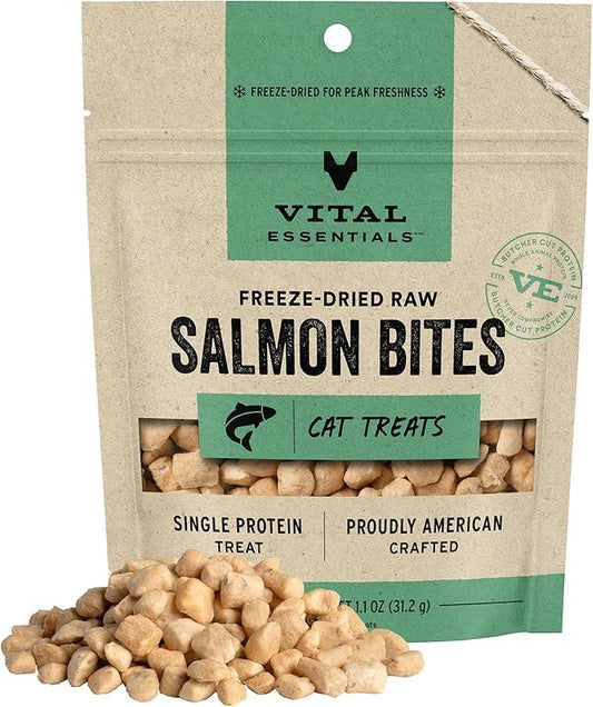 Vital Essentials Salmon Bites Cat Treats, 1.1 oz | Freeze-Dried Raw | Single Protein | Grain Free, Gluten Free, Filler Free