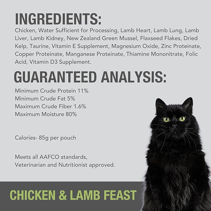 Feline Natural Wet Cat Food Variety Pack - Chicken, Lamb, Salmon & Beef Feast, Grain-Free, 3oz Pouches, New Zealand Made, Assorted Single Serve Pates (12 Pack)
