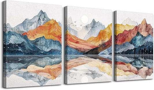 TTHYUEWS Large Abstract Canvas Wall Art - 3 Piece Mountain Landscapes Wall Paintings for Bedroom, Living Room, Office Decor