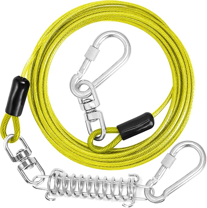 Jenico Dog Tie Out Cable, 10/15/20/30/40/50/70/100/150FT Runner Cable with Swivel Hook and Shock Spring, Yard and Camping Dog Leash Run Tether, Small to Medium Pets Up to 500 LBS