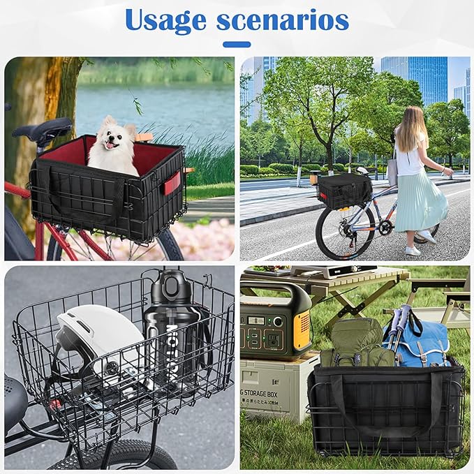 Bike Basket Rear, Folding Bicycle Basket with Removable Waterproof Liner Bag, Rear Bike Cargo Rack, Bike Accessories Frame Basket for Adult Women Men Carrying Dogs,Pet,Grocery,Quick Release Design