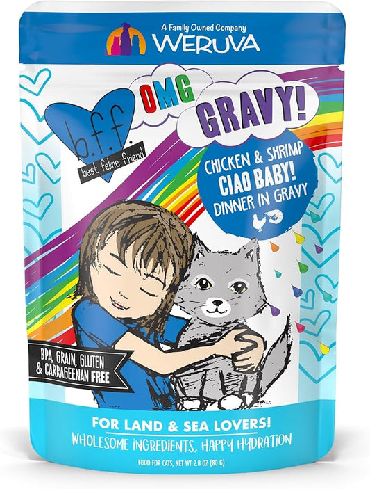 Weruva B.F.F. OMG - Best Feline Friend Oh My Gravy!, Ciao Baby! with Chicken & Shrimp in Gravy Cat Food, 2.8oz Pouch (Pack of 12)