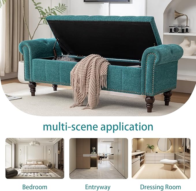 58’’ Storage Bench for Bedroom, Upholstered Button-Tufted Ottoman with Solid Wood Legs, Queen Size End of Bed Shoe Cabinet, Window Seat Foot Rest Stool for Entryway, Living Room (Teal)