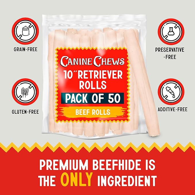Canine Chews 10" Dog Rawhide Retriever Rolls - Rawhide Bones for Large Dogs (50 pk) - Natural Beef Dog Rawhide Chews - Single Ingredient Dog Rawhide Bones - Large Rawhide Bones for Dogs Dental Chew