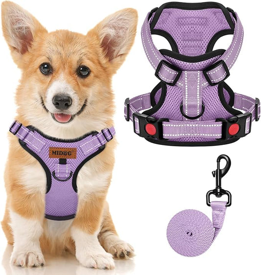 MIDOG No-Pull Dog Harness | Adjustable & Reflective Pet Harness Leash Set for Small Medium Large Dogs Walking, Training| No Choke, Front Clip, Soft Padded Vest with Easy Control Handle - Purple, S