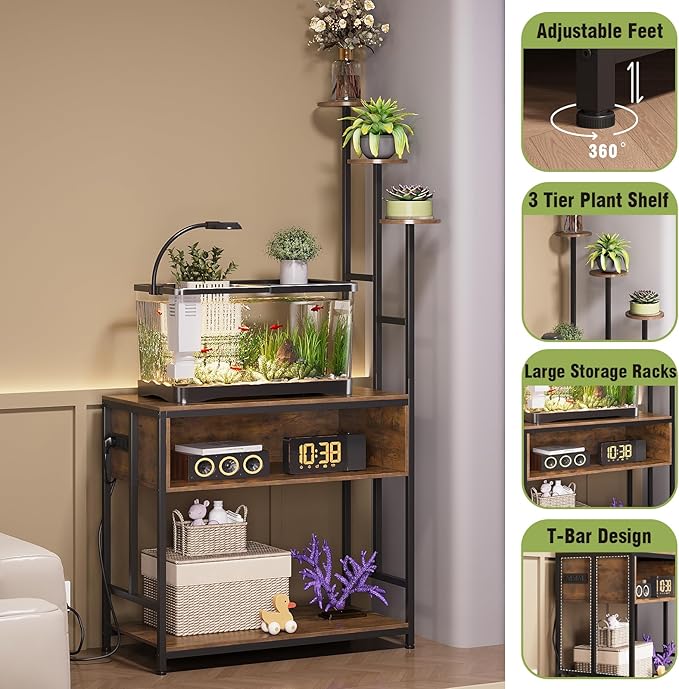 Aquarium Stand with Plant Shelves,20-Gallon Fish Tank Stand with 2-Tier Storage and Display Racks,Metal Frame Reptile Tank Table with Tall Plant Holders,Industrial Rack for Home,Office