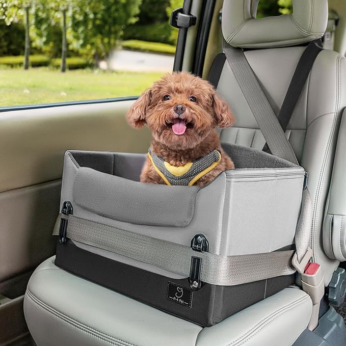 A4Pet Dog Car Seats for Small Dogs, Booster Car Seat with Patent Buckles & Clip-On Safety Leash, Pet Seat for Puppy Small Dogs Cats Under 25 Lbs, Grey