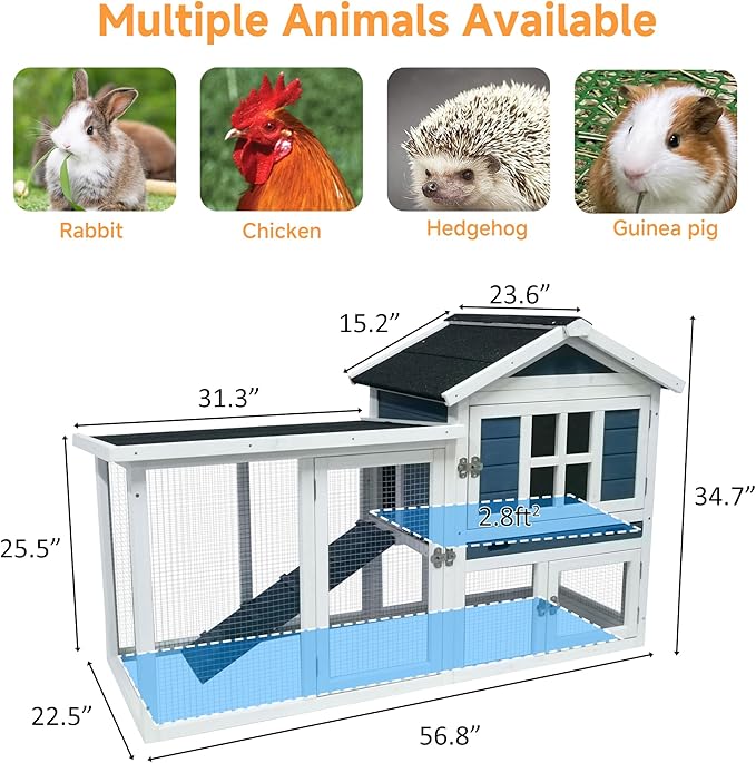 GARWOOD Large Outdoor Indoor Rabbit Hutch Wooden Bunny Rabbit Cage 2-Story with Run No-Leak Pull-Out Tray Waterproof Asphalt Roof Ramp for Guinea Pig Small Animal Wood Pet House Home Blue White