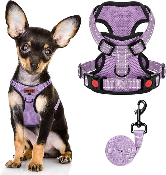 MIDOG No-Pull Dog Harness | Adjustable & Reflective Pet Harness Leash Set for Small Medium Large Dogs Walking, Training| No Choke, Front Clip, Soft Padded Vest with Easy Control Handle - Purple, XS