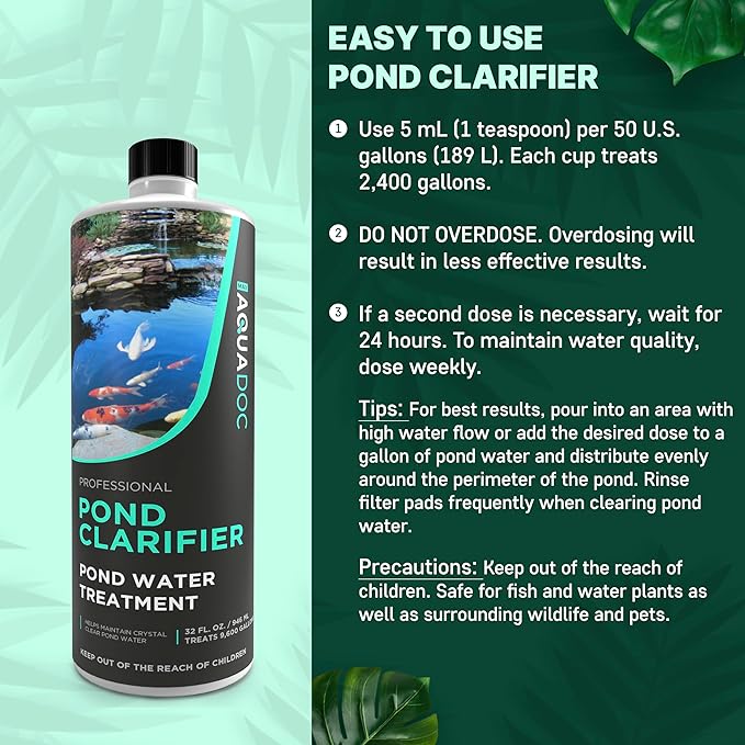 AquaDoc Pond Water Clarifier 32oz – Enzyme-Based Treatment for Koi and Fish Ponds – Helps Clear Cloudy Water and Reduce Sludge