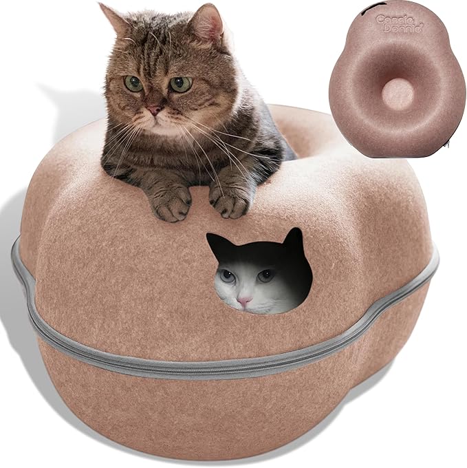 Cat Tunnel Bed for Indoor Cats, Medium Large, Donut Cave House up to 22 Lbs, Spacious for 2 Kittens (Brown)