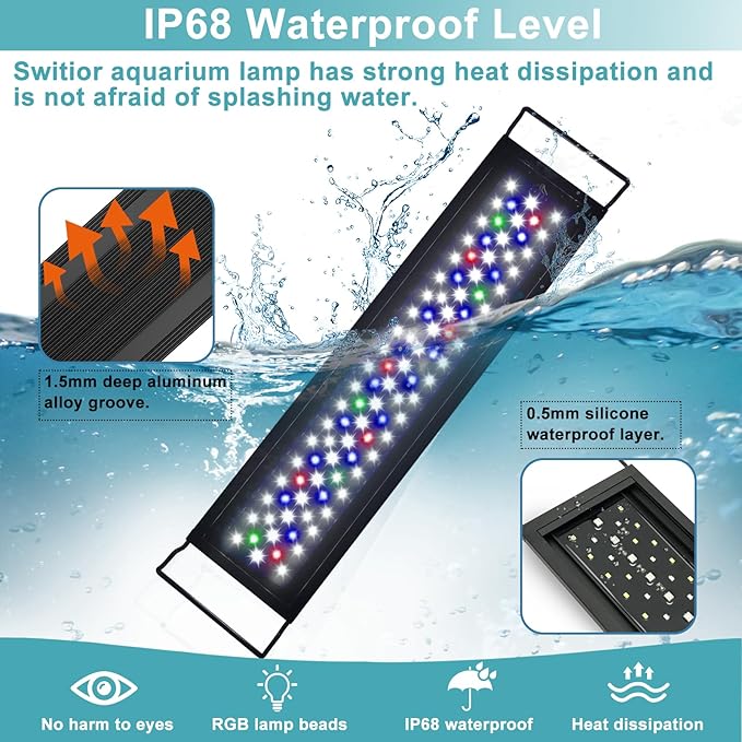 24/7 LED Aquarium Light, IP68 Waterproof Extendable Bracket Fish Tank Light with Timer, 7 Colors, 10 Level Adjustable Brightness, DIY Mode Full Spectrum Aquarium Plant Light for 24-30 Inch Fish Tank