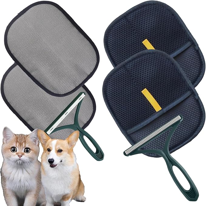 2-Pack Pet Hair Removal Gloves with A Hair/Lint Removal Tool – Remove Cat/Dog Fur from Clothing, Furniture, Car Seats, Bedding & Carpet – Reusable & Washable Lint Hair Remover for Pet Owners