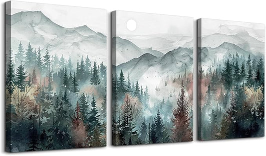 TTHYUEWS Farmhouse Wall Art For Living Room Canvas Wall Decor For Bedroom Wall Pictures for Office Fog Forest Mountain Landscape Watercolour Paintings Artwork Home Decorations Ready To Hang 3 Piece