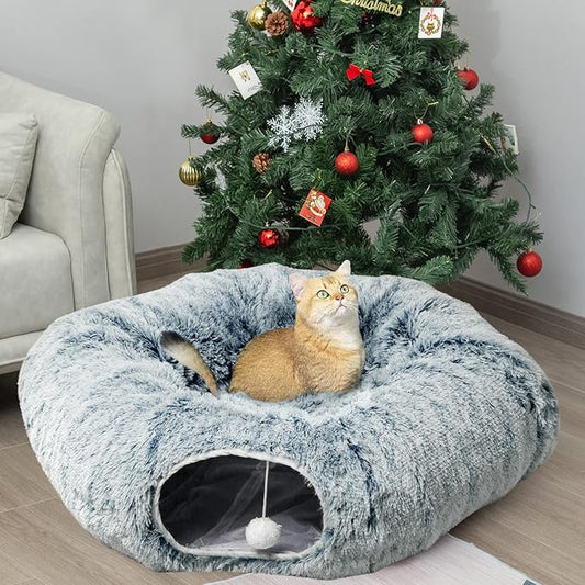 AUOON Cat Tunnel Bed - Cat Donut Tunnel with Soft Plush Circle Cushion for Indoor Cats Kitten Kitty Puppy Rabbit Ferret (Gray)