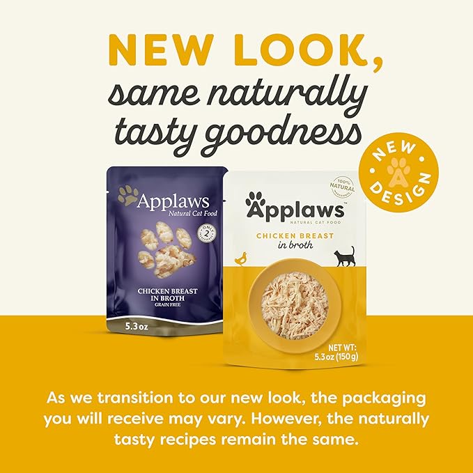 Applaws Natural Wet Cat Food in Broth, Limited Ingredient Wet Cat Food Pouches, No Additives, Made with Natural Ingredients, Chicken Breast in Broth (12 x 5.3oz Pouches)