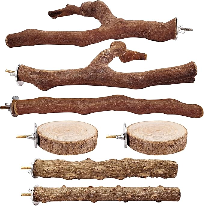 7-Piece Bird Perch Set: 3 Grapevine Paw Grinding Forks, 2 Wood Stands & 2 Hammocks - Cage Accessories for Parakeets, Cockatiels, Conures, Budgies