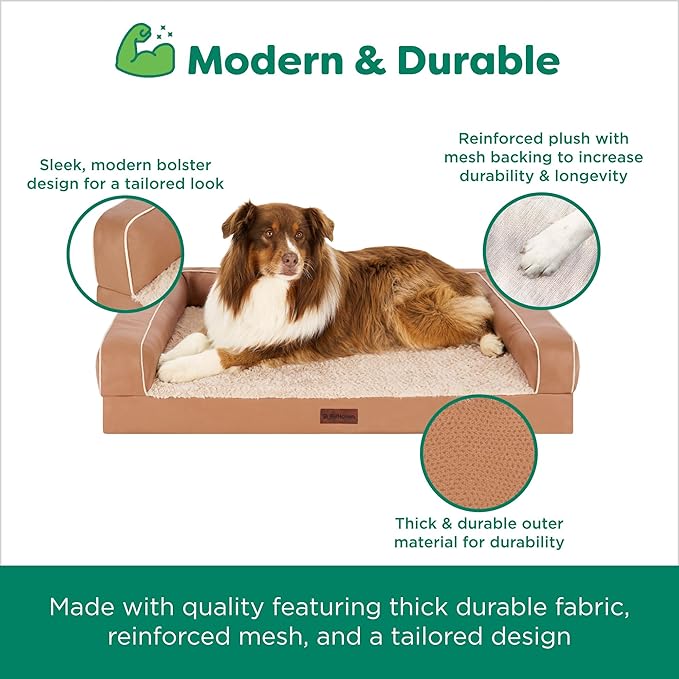 FurHaven Orthopedic Dog Sofa Bed – Memory Foam Couch with Bolsters, Textured Plush & Water-Resistant Cover, Washable Cover, Joint Support - Camel, Jumbo