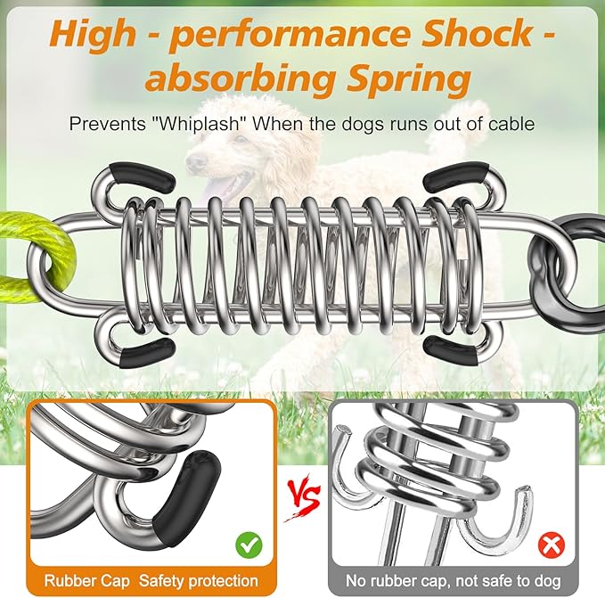 Tresbro 20 FT Dog Tie Out Cable with Spring, Shock Absorbing Tether Chains for Outside Aavilable in 10/15/20/25/30/40/50/70/100/120 FT, Heavy Duty Leads for Yard for Medium & Large Dogs Up to 500 LBS