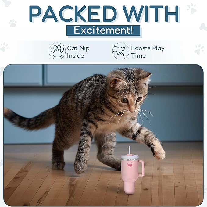 Kitty Cup Tumbler Cat Toy – Funny Cat Birthday Gifts with Catnip & Crinkle Paper, Cute Girl Kitten Toys (Pink Peach Dust)