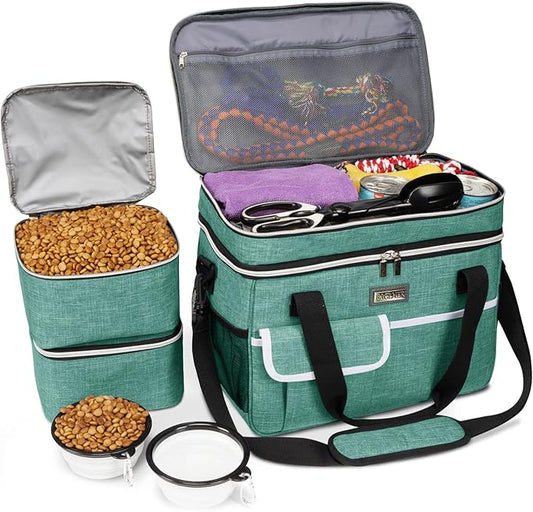 BAGLHER Dog Travel Bag for Supplies - Double-Layer Airline Approved Weekend Pet Travel Organizer Set for Dog and Cat Tote with 2 Pet Food Containers and 2 Collapsible Silicone Bowls Green