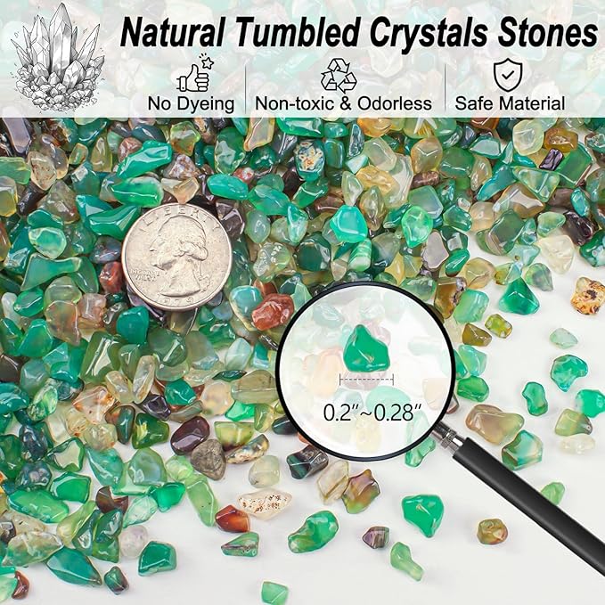 3 Lb Green Agate Crushed Stone Crystal Chips Bulk, Natural Polished Aquarium Stones Pebbles Irregular Decorative Rocks for Fish Tank, Vase Fillers, Succulent Plants Decor