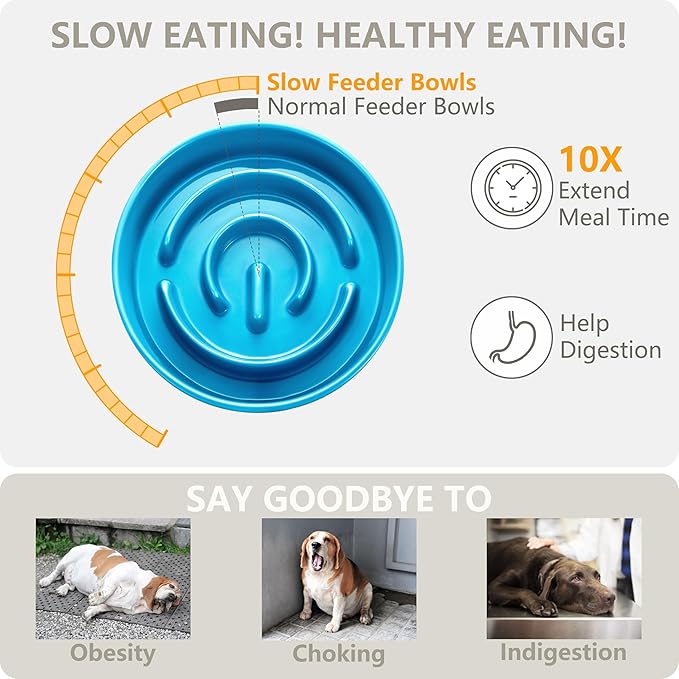 Ceramic Slow Feeder and Water Bowl Set for Medium and Large Dogs, Ceramic Dog Bowls Elevated with Wooden Stand, 2.0 Cups Dog Slow Feeder(30oz) and 70oz Water Bowl Set, Blue