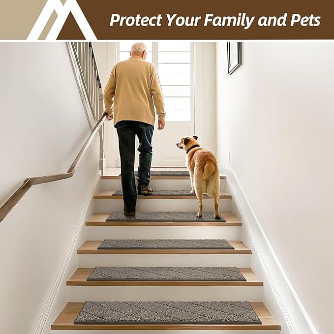 COSY HOMEER Stair Treads for Wooden Steps 9"x28" Washable Indoor Carpet Stair Treads Non Slip Soft Polyester Stair Carpet Tread Reusable Stair Runner Rugs for Kids, Elders,Pets,Light Brown,15pcs