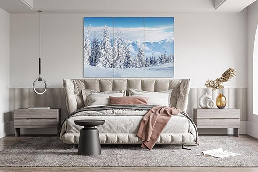 Nature Wall Art Prints - Ocean Forest Mountain Lake Canvas Landscapes - Small to Extra Large Living Room Bedroom Kitchen Bathroom Décor (Snow Covered Trees on Mountain, 55L" x 83W"- 3 Panels)