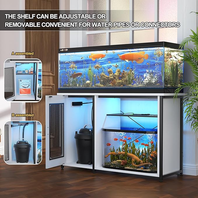 55-75 Gallon Fish Tank Stand with Power Outlets & LED Light, Reversible Heavy Duty Metal Aquarium Stand with Cabinet for Fish Tank Accessories Storage, Turtle/Reptile Terrariums, White