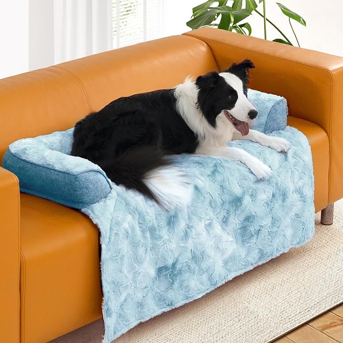 Calming Dog Couch Bed for Large Dogs, 41 x 37 inch Waterproof Removable Pet Mat Couch Cover for Furniture Protector, Non-Slip Fluffy Pelsbarn Dog Bed for Couch, Sofa, Outdoor - Tie-Dye Blue